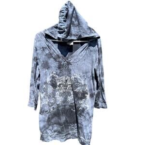 Vintage Y2K Angel Wings Bedazzeled Mall Goth Hooded Long sleeve Shirt Womens XL